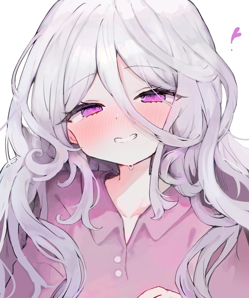 1girl blue_archive blush buttons dot_nose hair_between_eyes half-closed_eyes highres hina_(blue_archive) long_hair looking_at_viewer naya_(888890tt) portrait purple_shirt shirt simple_background smile solo teeth violet_eyes white_background white_hair