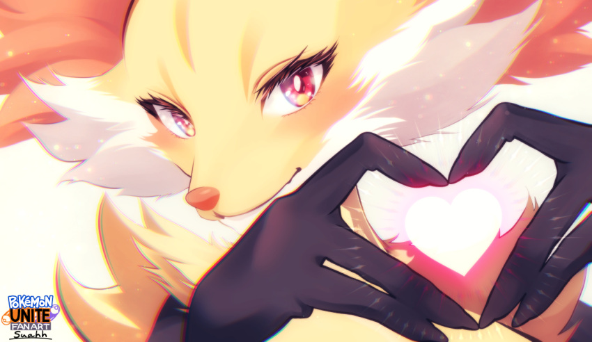 black_fur blush copyright_name delphox english_text heart heart_hands logo looking_at_viewer multicolored_fur pokemon pokemon_(creature) pokemon_unite portrait red_eyes red_fur simple_background solo suahh white_fur yellow_fur