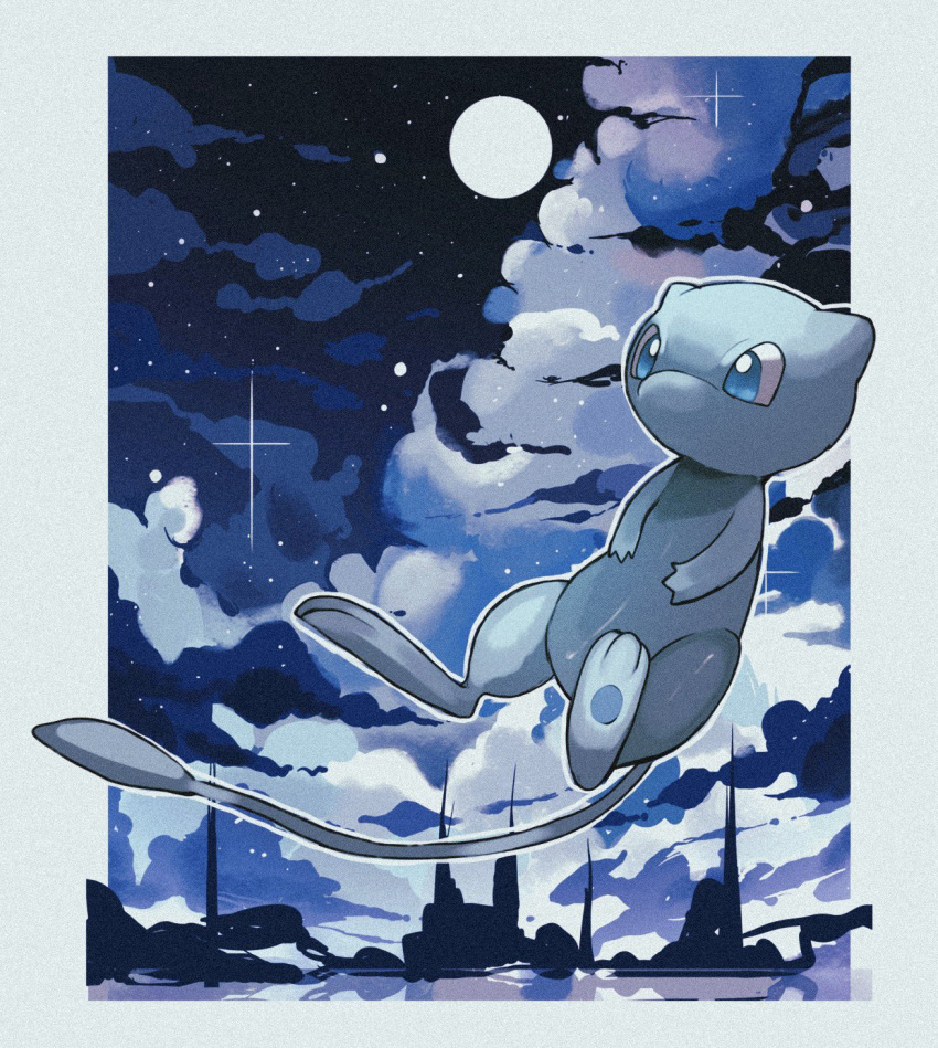 alternate_color blue_background blue_eyes blue_skin border clouds colored_skin commentary commentary_request floating full_moon highres mew_(pokemon) moon night night_sky no_humans outside_border pawpads pokemon pokemon_(creature) reo_(mmocc123) shiny_pokemon sky sparkle star_(sky) tail white_border