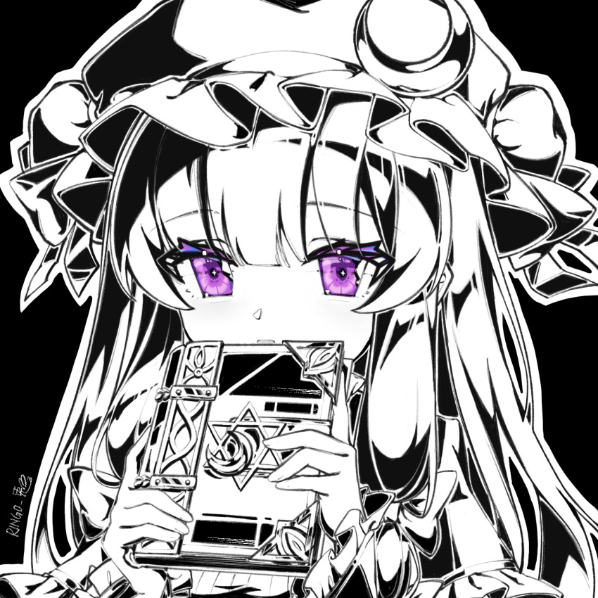 1girl book crescent crescent_hat_ornament hat hat_ornament highres limited_palette long_hair mob_cap patchouli_knowledge ringo_no_usagi_(artist) solo touhou upper_body violet_eyes