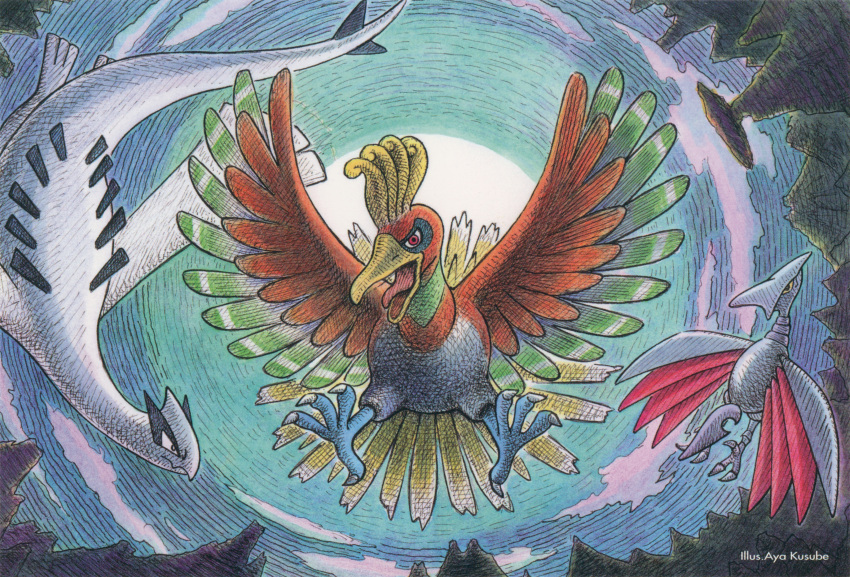 absurdres artist_name beak bird claws day feathered_wings flying highres ho-oh kusube_aya looking_at_viewer looking_to_the_side lugia mountain nature no_humans official_art outdoors pokemon pokemon_(creature) skarmory third-party_source tree wings