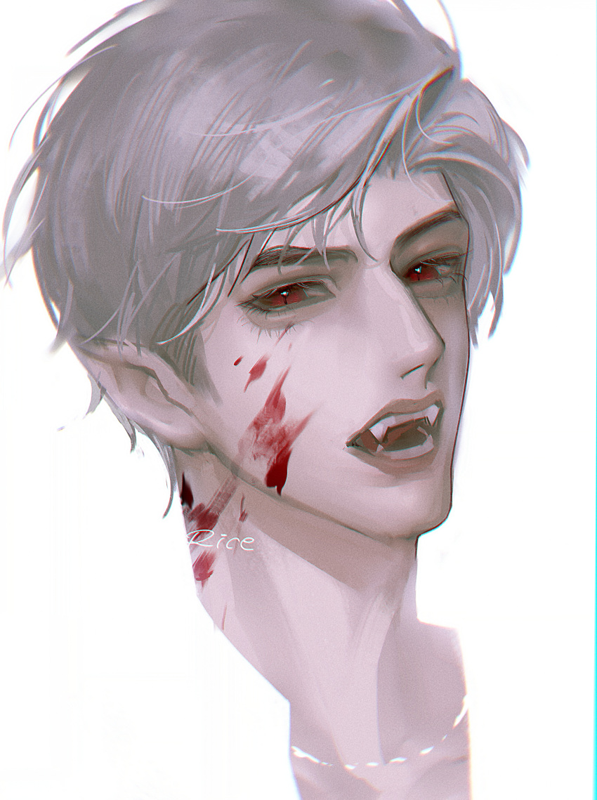 1boy absurdres blood blood_on_face collarbone eyelashes fang grey_hair head highres lips looking_at_viewer love_and_deepspace male_focus open_mouth parted_bangs pointy_ears red_eyes short_hair signature simple_background solo sylus_(love_and_deepspace) teeth tongue white_background xinjinjumin281198304597