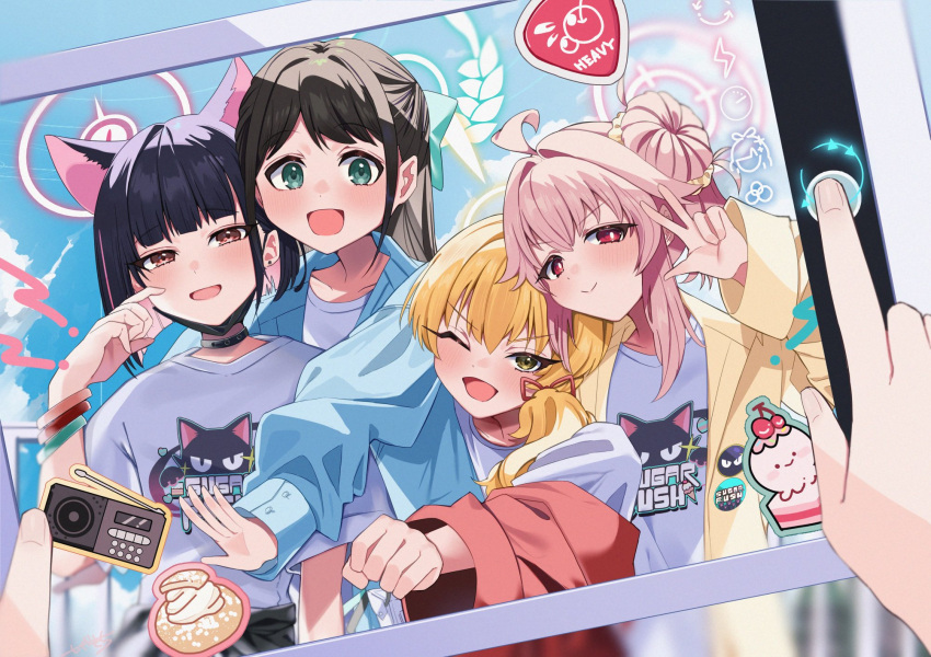 1other 4girls :d after-school_sweets_club_(blue_archive) ahoge airi_(band)_(blue_archive) airi_(blue_archive) animal_ears black_hair black_jacket blonde_hair blue_archive blue_jacket blush cat_ears cellphone_photo choker clothes_around_waist colored_inner_hair english_commentary green_eyes green_halo group_picture hair_between_eyes hair_bun hair_ornament hair_scrunchie halo highres holding holding_tablet_pc jacket jacket_around_waist kazusa_(band)_(blue_archive) kazusa_(blue_archive) long_hair long_sleeves looking_at_viewer mask_pull multicolored_hair multiple_girls natsu_(band)_(blue_archive) natsu_(blue_archive) one_eye_closed pink_hair print_shirt red_eyes red_jacket scrunchie shirt short_hair single_hair_bun smile t-shirt tablet_pc taking_picture tsushima_shigure w white_shirt yellow_eyes yellow_halo yellow_jacket yoshimi_(band)_(blue_archive) yoshimi_(blue_archive)