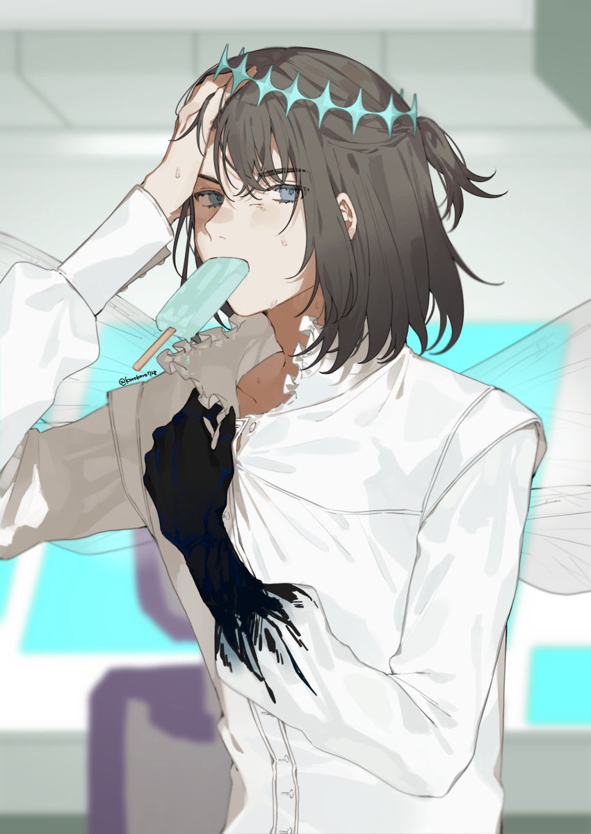 1boy absurdres arthropod_boy black_hair blue_eyes collared_shirt diamond_hairband dragonfly_wings eating fate/grand_order fate_(series) food food_in_mouth highres insect_wings long_sleeves looking_at_viewer male_focus medium_hair oberon_(fate) oberon_(third_ascension)_(fate) official_alternate_hair_color popsicle popsicle_in_mouth romo827 shirt solo sweat upper_body white_shirt wings