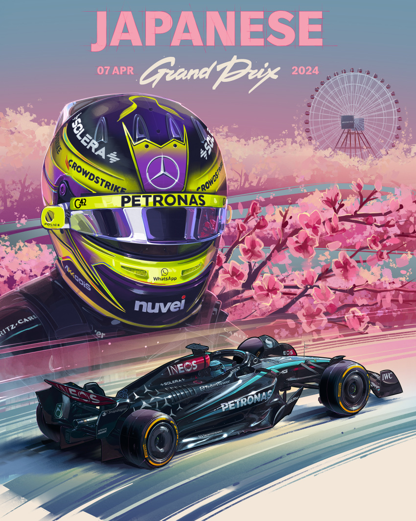 2boys absurdres andrew_mytro blue_helmet car cherry_blossoms driving english_commentary ferris_wheel formula_one formula_racer george_russell helmet highres lewis_hamilton mercedes-amg_f1_w14 mercedes-benz motion_lines motor_vehicle multiple_boys official_art promotional_art race_vehicle racecar real_life shadow vehicle_focus