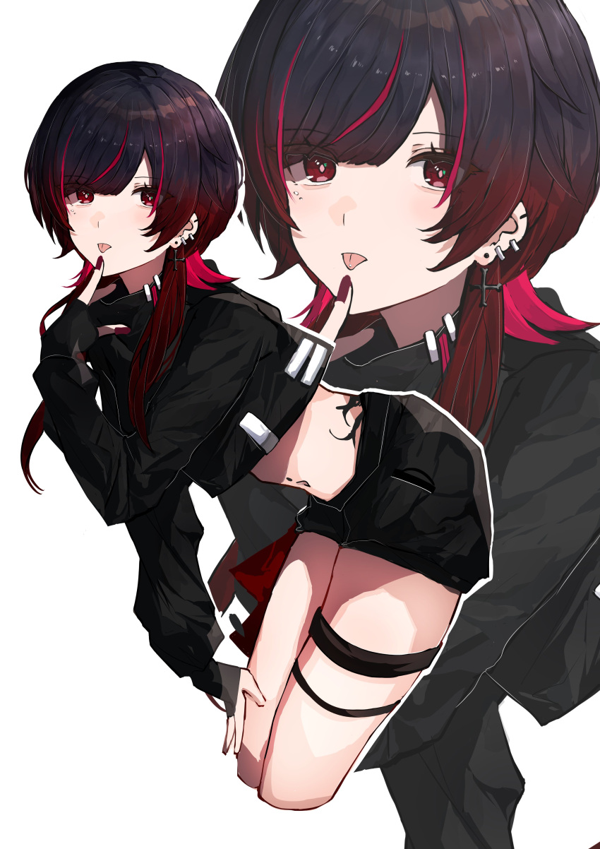 1girl absurdres black_hair black_jacket black_shorts blunt_bangs earrings finger_to_mouth fingerless_gloves garter_straps gloves gradient_hair highres iris_black_games jacket jewelry kisaragi_ren_(vtuber) leaning_forward looking_at_viewer maya_fa midriff multicolored_hair red_eyes red_nails redhead short_hair short_shorts shorts simple_background sleeves_past_wrists solo tattoo thigh_strap tongue tongue_out virtual_youtuber vspo! zoom_layer