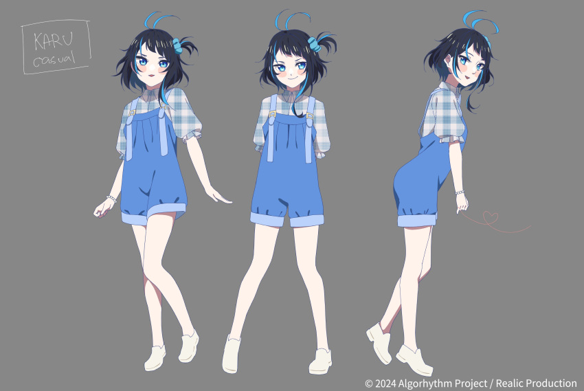 1girl algorhythm_project bare_legs black_hair blue_eyes blue_hair blue_overalls blush closed_mouth grey_background hair_between_eyes hair_ornament highres karu_(algorhythm_project) medium_hair multicolored_hair open_mouth overalls sh3rrytheartist shoes smile virtual_youtuber white_footwear