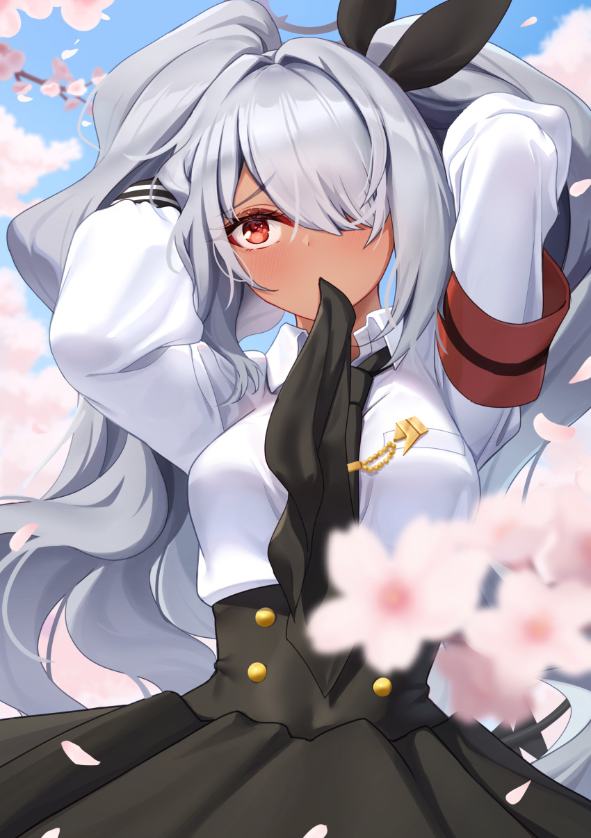 1girl absurdres black_necktie black_skirt blue_archive blush breasts cherry_blossoms collared_shirt commentary_request dark-skinned_female dark_skin grey_hair grey_halo hair_over_one_eye halo highres iori_(blue_archive) long_hair long_sleeves necktie red_eyes sakurahuji-iro shirt skirt small_breasts solo twintails white_shirt