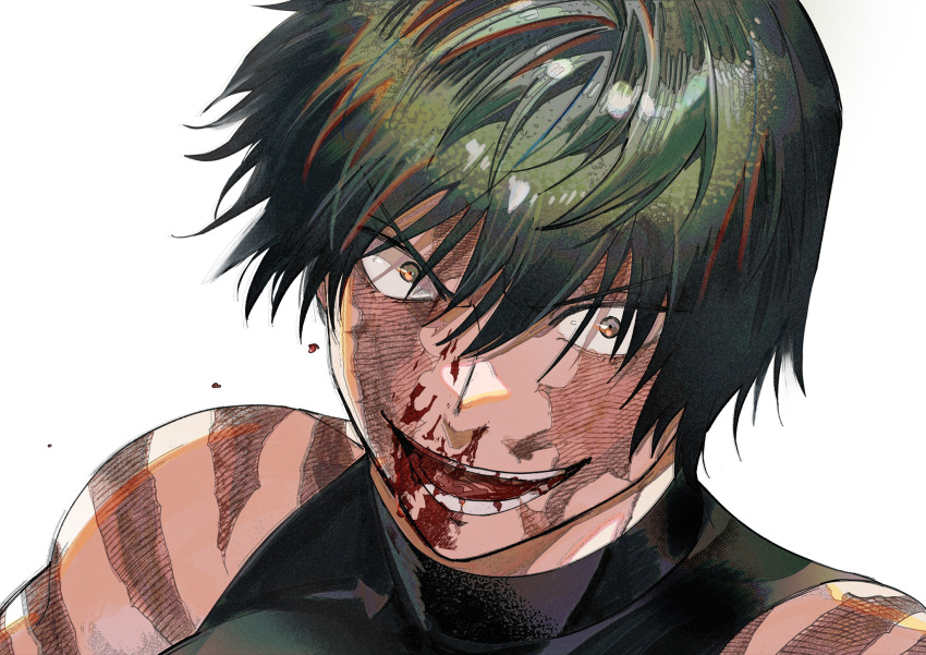 1girl black_shirt blood blood_on_face evil_smile green_hair hair_between_eyes highres jujutsu_kaisen looking_at_viewer open_mouth portrait rotated s_o_i scar_on_shoulder shirt short_hair simple_background sleeveless sleeveless_shirt smile solo teeth tongue v-shaped_eyebrows white_background yellow_eyes zen'in_maki