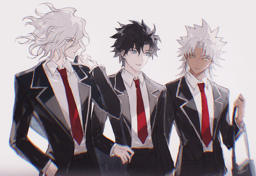 3boys absurdres amakusa_shirou_(fate) bag black_hair black_jacket blazer blue_eyes chromatic_aberration collared_shirt commentary_request dark-skinned_male dark_skin earrings edmond_dantes_(fate) elaine-didaea fate/grand_order fate_(series) fujimaru_ritsuka_(male) hand_in_pocket highres holding holding_bag jacket jewelry long_sleeves looking_at_another male_focus multiple_boys necktie official_alternate_costume open_clothes open_jacket parted_lips red_necktie school_bag school_uniform shirt short_hair simple_background smile white_background white_hair white_shirt yellow_eyes