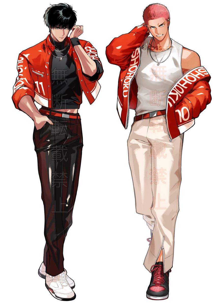 2boys black_eyes black_hair full_body hand_in_pocket highres jacket jewelry looking_at_viewer male_focus multiple_boys nbss_sd necklace open_clothes open_jacket redhead rukawa_kaede sakuragi_hanamichi short_hair simple_background single_off_shoulder slam_dunk_(series) smile white_background