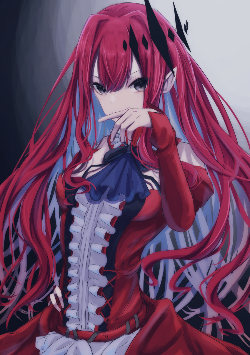 1girl absurdres baobhan_sith_(fate) baobhan_sith_(first_ascension)_(fate) bare_shoulders breasts detached_sleeves dress fate/grand_order fate_(series) frilled_dress frills gradient_background grey_eyes hair_ornament hand_on_own_hip hand_up highres long_hair long_sleeves looking_at_viewer pink_hair pointy_ears red_dress sidelocks solo yagi_(yagi5art)