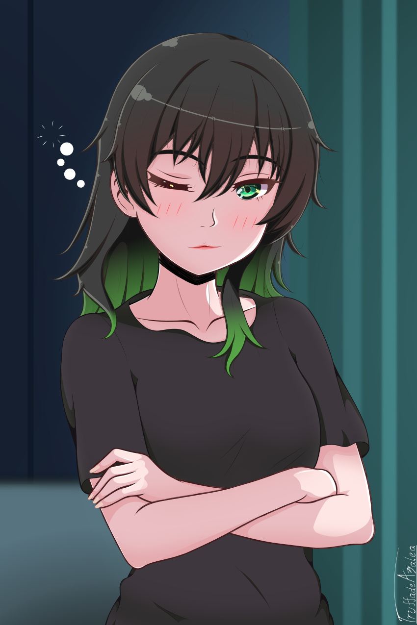 1girl absurdres artist_name black_hair black_shirt blush breasts closed_mouth collarbone commentary crossed_arms english_commentary gradient_hair green_eyes green_hair hair_between_eyes hair_down highres indoors looking_at_viewer love_live! love_live!_nijigasaki_high_school_idol_club medium_breasts multicolored_hair one_eye_closed red_lips shirt short_sleeves solo standing takasaki_yu truffadeazalea upper_body
