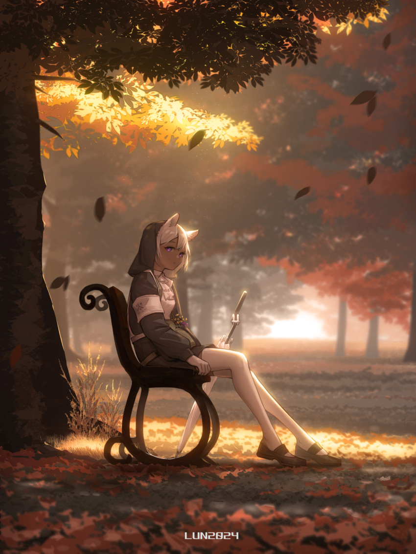 1girl arknights artist_name autumn autumn_leaves bench black_jacket black_skirt brown_footwear camel_ears camel_girl camel_tail chinese_commentary commentary_request dark-skinned_female dark_skin dated falling_leaves flower frilled_shirt frills from_side full_body grass highres hood hood_up jacket leaf light_rays looking_at_viewer looking_to_the_side lunn on_bench open_clothes open_jacket outdoors pantyhose park_bench purple_flower shirt shoes sitting skirt solo sunbeam sunlight tree tuye_(arknights) umbrella violet_eyes white_pantyhose white_shirt yellow_flower