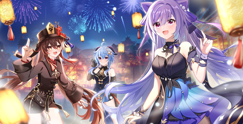3girls absurdres ahoge black_dress black_gloves blue_hair brown_hair china_dress chinese_clothes cone_hair_bun double_bun dress fireworks floating_hair flower-shaped_pupils ganyu_(genshin_impact) ganyu_(twilight_blossom)_(genshin_impact) genshin_impact gloves goat_horns hair_bun hand_up highres horns hu_tao_(genshin_impact) keqing_(genshin_impact) keqing_(opulent_splendor)_(genshin_impact) long_sleeves looking_at_viewer multiple_girls night night_sky official_alternate_costume open_mouth outdoors pink_eyes purple_hair red_eyes sidelocks sky smile symbol-shaped_pupils twintails yaoneko