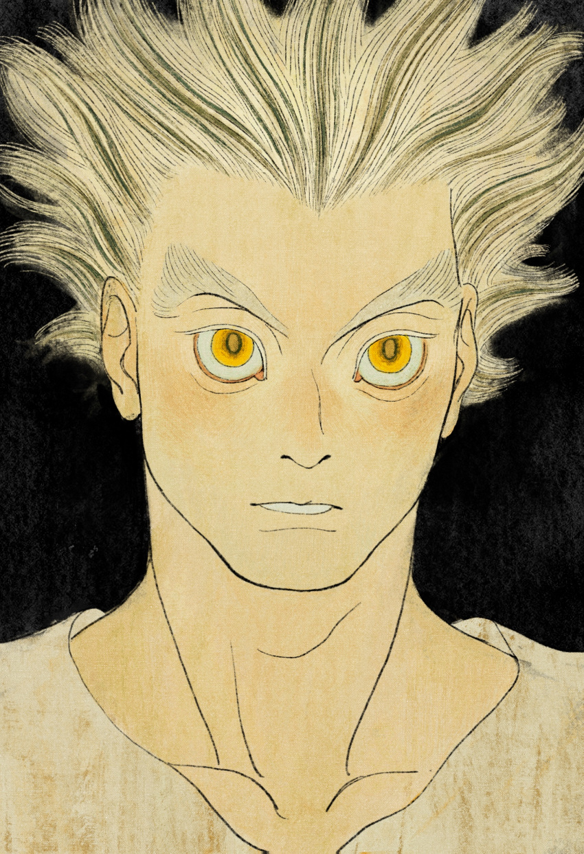 1boy black_background bokuto_koutarou chengongzi123 colored_eyelashes grey_hair haikyuu!! highres looking_at_viewer male_focus multicolored_hair parted_lips portrait short_hair simple_background solo streaked_hair thick_eyebrows very_short_hair yellow_eyes