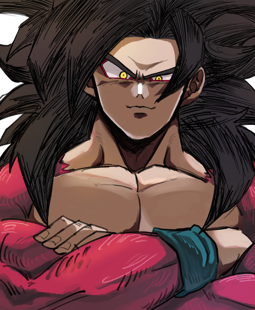 1boy 9302w_(user_wjpg8475) absurdres closed_mouth collarbone crossed_arms dragon_ball dragon_ball_gt fingernails highres large_pectorals long_hair looking_at_viewer male_focus muscular muscular_male pectoral_cleavage pectorals son_goku spiky_hair white_background yellow_eyes