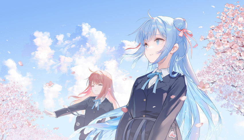 2girls ^_^ bag black_jacket blazer blue_bow blue_eyes blue_hair blue_sky bow branch brown_hair character_request closed_eyes closed_mouth clouds collared_shirt commentary_request day double_bun flower hair_bow hair_bun highres indie_virtual_youtuber jacket long_hair mihanada_somaru multiple_girls outdoors petals pink_bow pink_flower ritsuki school_bag school_uniform shirt sky smile very_long_hair virtual_youtuber white_shirt