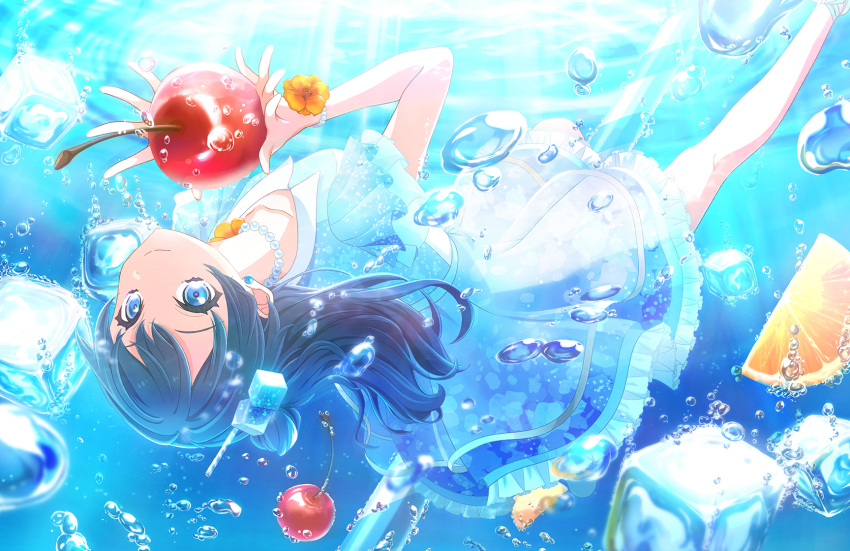 1girl air_bubble bead_bracelet bead_necklace beads blue_dress blue_eyes blue_hair bracelet bubble cherry closed_mouth collarbone cube_hair_ornament dark_blue_hair dress drinking_straw drinking_straw_hair_ornament flower flower_bracelet flower_necklace food frilled_dress frills fruit game_cg hair_bun hair_ornament hajikeru_blue_soda_(love_live!) highres holding holding_food holding_fruit ice ice_cube jewelry link!_like!_love_live! long_hair looking_at_viewer love_live! medium_dress mini_person minigirl murano_sayaka necklace official_art orange_(fruit) orange_slice oversized_food oversized_object puffy_short_sleeves puffy_sleeves see-through_dress_layer short_sleeves single_hair_bun smile solo split_mouth third-party_source two-handed underwater upside-down virtual_youtuber