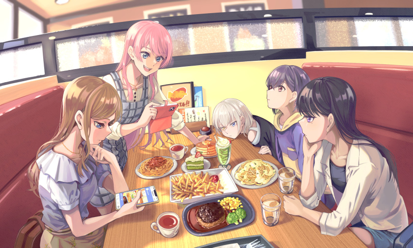 5girls bag bang_dream! bang_dream!_it's_mygo!!!!! black_hair black_shirt blue_bag blue_eyes blue_hoodie blurry blurry_background brown_bag brown_eyes brown_hair brown_skirt cake cellphone chihaya_anon closed_mouth collarbone collared_shirt commentary cup depth_of_field doki_(oox3o) dress fang fast_food food fork grey_dress grey_eyes hair_between_eyes hamburger_steak head_rest heterochromia highres holding holding_phone hood hoodie indoors jacket jewelry kaname_raana long_hair looking_at_another matcha_parfait menu mole mole_under_eye multiple_girls mygo!!!!!_(bang_dream!) nagasaki_soyo necklace open_mouth pancake pancake_stack parted_lips pasta phone pinafore_dress pink_hair pout puffy_short_sleeves puffy_sleeves restaurant school_bag shiina_taki shirt short_hair short_sleeves sidelocks sitting skirt sleeveless sleeveless_dress sleeves_past_elbows smartphone smile spaghetti table takamatsu_tomori taking_picture teeth upper_teeth_only violet_eyes white_hair white_jacket white_shirt window yellow_eyes