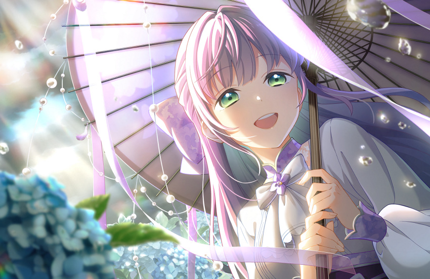 1girl :d ame_to_ajisai_ni_utaeba_(love_live!) ascot blue_flower blurry blurry_foreground bow clouds cloudy_sky depth_of_field dutch_angle flower game_cg green_eyes hair_bow half-closed_eyes half_updo highres holding holding_umbrella hydrangea link!_like!_love_live! long_hair long_sleeves looking_at_viewer love_live! official_art oil-paper_umbrella open_mouth otomune_kozue puffy_long_sleeves puffy_sleeves purple_bow purple_hair shirt sidelocks sky sleeve_cuffs smile solo teeth third-party_source umbrella upper_body upper_teeth_only virtual_youtuber water_drop white_ascot white_shirt