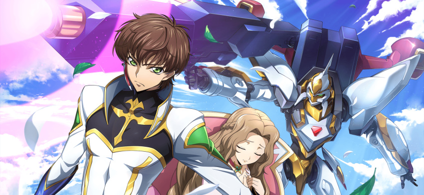 1boy 1girl arm_at_side artist_request blue_gloves blue_sky bodysuit brown_hair choker closed_eyes closed_mouth clouds code_geass code_geass:_lost_stories collarbone covered_collarbone day dutch_angle earpiece energy_gun falling_leaves firing game_cg glint gloves gold_trim green_eyes gun hair_intakes half_up_braid hands_up high_collar highres holding holding_gun holding_weapon kururugi_suzaku lancelot_(code_geass) lancelot_conquista leaf light_particles light_rays long_hair looking_at_viewer midair non-web_source nunnally_vi_britannia official_art on_chair outdoors outstretched_arm own_hands_together protecting purple_choker raised_eyebrows serious short_hair sidelocks sitting sky standing sunlight u_u upper_body v-shaped_eyebrows weapon white_bodysuit