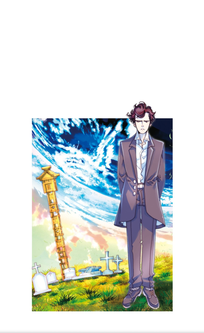 1boy amano_kozue arms_behind_back autumn black_footwear black_hair black_suit blue_sky character_request copyright_request gradient_sky graveyard highres looking_down non-web_source pensive sky standing suit tombstone