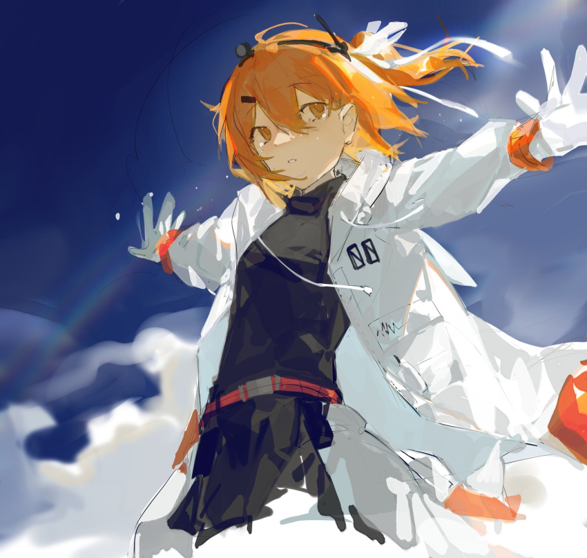 1girl \||/ a.i._voice adachi_rei belt black_shirt black_skirt blue_background clouds cropped_legs crying crying_with_eyes_open floating_hair gloves hair_ornament hair_ribbon hairclip headlamp highres jacket kouden_souko long_sleeves looking_at_viewer looking_to_the_side medium_hair one_side_up open_clothes open_jacket orange_eyes orange_hair outstretched_arms radio_antenna red_belt ribbon shirt skirt solo spread_arms tears utau white_gloves white_jacket white_ribbon