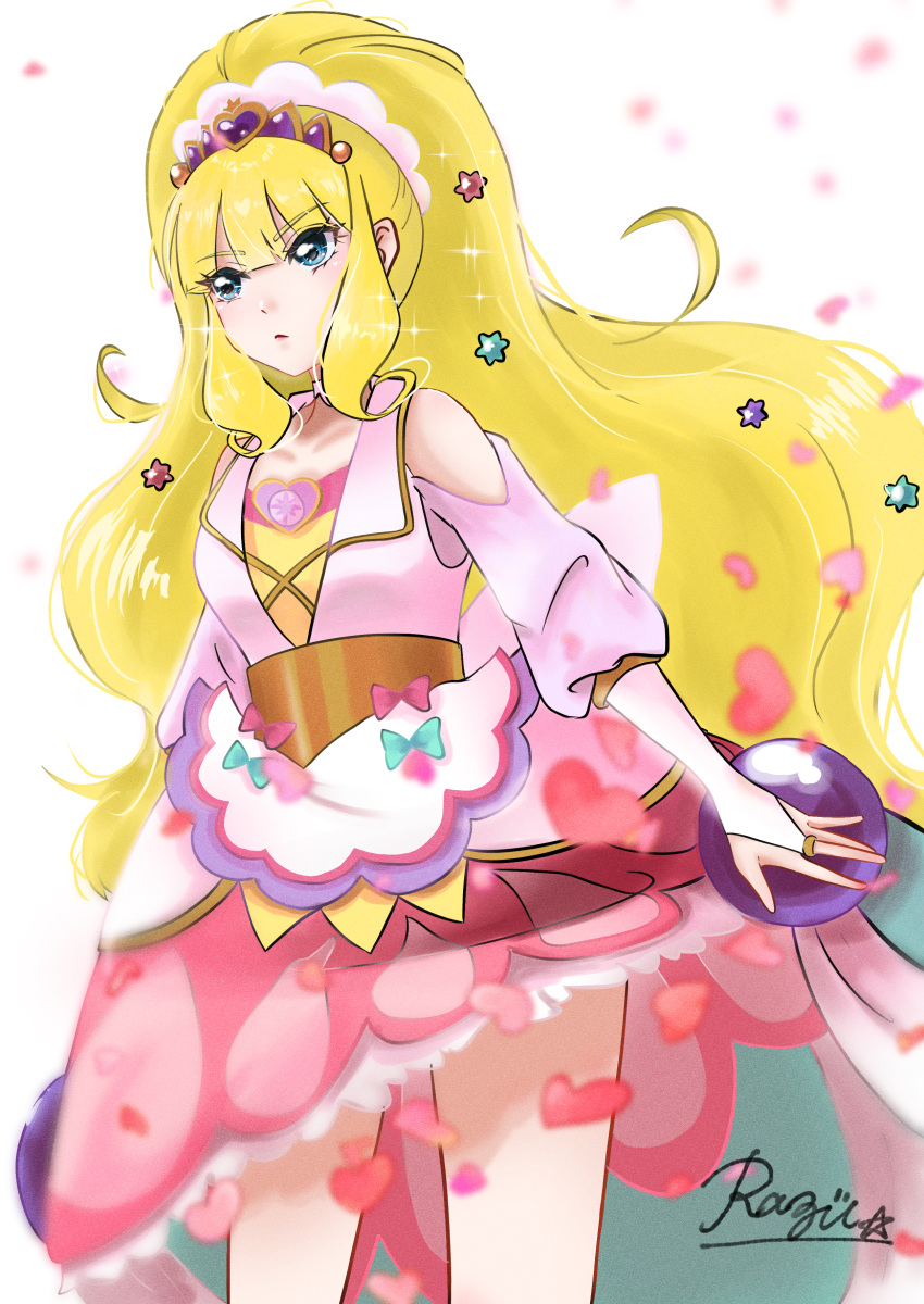1girl absurdres artist_name back_bow blonde_hair blunt_bangs bow bridal_gauntlets brooch candy candy_hair_ornament choker closed_mouth clothes_lift clothing_cutout commentary cowboy_shot cure_finale delicious_party_precure dress food food-themed_hair_ornament gloves hair_ornament heart heart_brooch highres huge_bow jacket jewelry kasai_amane konpeitou light_frown long_hair long_sleeves looking_to_the_side magical_girl medium_skirt pink_skirt precure razu_kichi shoulder_cutout signature skirt skirt_lift solo sparkle standing tiara white_background white_bow white_choker white_gloves white_jacket wide_ponytail wind wind_lift