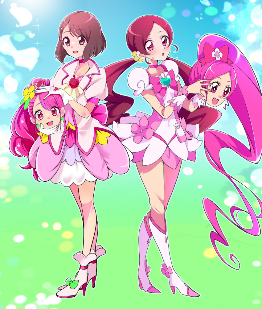 2girls :o absurdres animegao ankle_boots back_bow bob_cut boots bow bowtie brooch brown_hair choker commentary cosplay cure_blossom cure_grace dress hanadera_nodoka hanasaki_tsubomi healin'_good_precure heart heart_brooch heartcatch_precure! high_heel_boots high_heels highres holding holding_mask in-franchise_crossover jacket jewelry kigurumi low_twintails magical_girl mask medium_dress mitsuki_tayura multiple_girls open_mouth pink_bow pink_bowtie pink_choker pink_dress pink_eyes pink_footwear pink_hair pink_jacket pouch precure puffy_short_sleeves puffy_sleeves redhead self_cosplay short_dress short_sleeves side-by-side smile sweatdrop twintails unworn_mask violet_eyes
