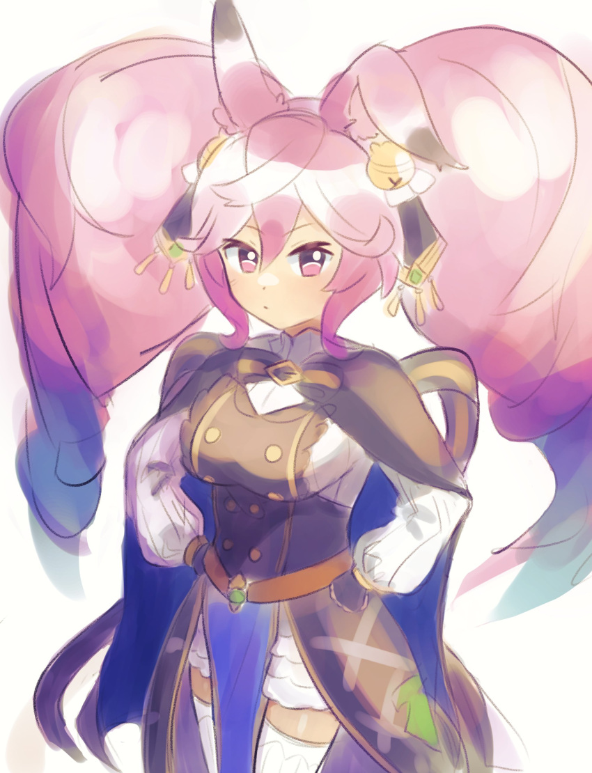 1girl absurdres animal_ears bell blue_hair cape cleo_(dragalia_lost) closed_mouth dotpyenji dragalia_lost dress hair_bell hair_between_eyes hair_ornament hands_on_own_hips highres long_hair long_sleeves looking_at_viewer multicolored_hair pelvic_curtain pink_eyes pink_hair rabbit_ears solo thigh-highs twintails two-tone_hair very_long_hair white_background white_thighhighs