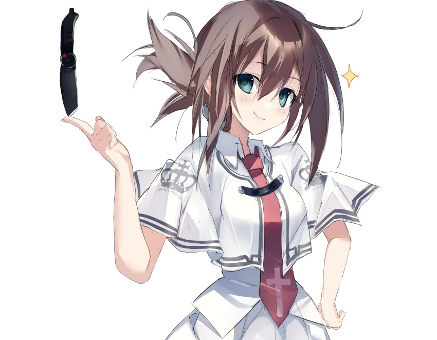 1girl absurdres blush brown_hair capelet closed_mouth collared_shirt cross_print dizzy_(nadecola9) folded_ponytail green_eyes hair_between_eyes hand_on_own_hip hand_up highres holding holding_knife index_finger_raised knife looking_at_viewer medium_hair necktie red_necktie school_uniform shirt simple_background smile smug solo sparkle subarashiki_hibi tachibana_kimika upper_body white_background white_capelet white_shirt
