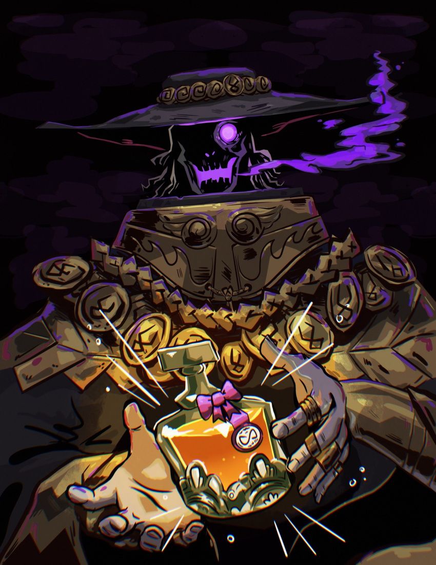 1boy alt_text black_background bottle bow charon_(hades) english_commentary ghostslazy glowing glowing_eyes hades_(series) hat highres jewelry looking_at_viewer multiple_rings pink_bow ring skull solo upper_body violet_eyes