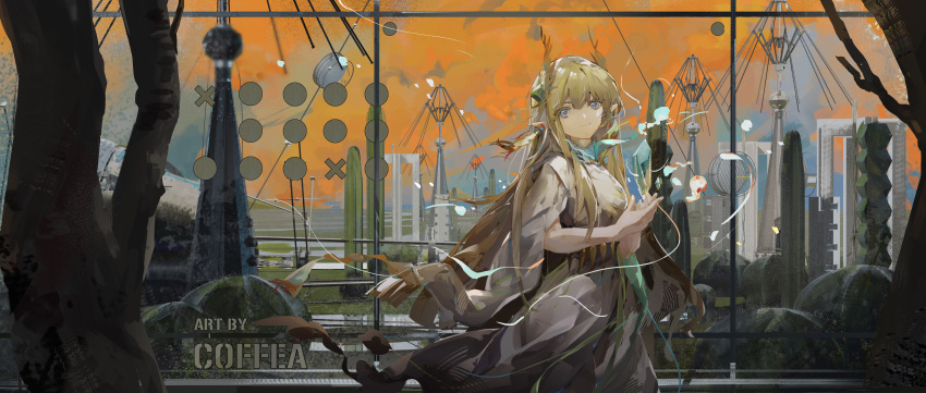 1girl absurdres arknights artist_name blonde_hair blue_eyes cactus cityscape coffea_(ancoffea) evening floating highres hydrokinesis indoors long_hair looking_at_viewer muelsyse_(arknights) science_fiction smile solo water