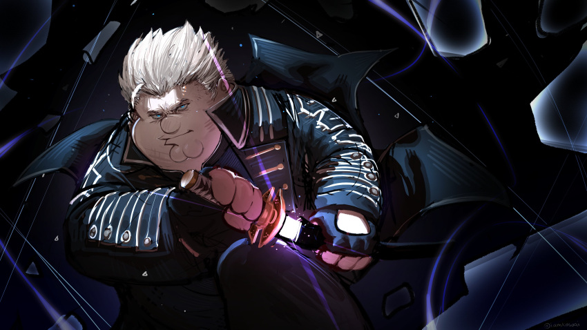 1boy absurdres black_coat black_gloves blue_eyes cleft_chin closed_mouth coat cosplay devil_may_cry_(series) devil_may_cry_5 double_chin family_guy fat fat_man fingerless_gloves gloves highres kowai_(iamkowai) peter_griffin sheath short_hair solo unsheathing vergil_(devil_may_cry) vergil_(devil_may_cry)_(cosplay) very_short_hair white_hair