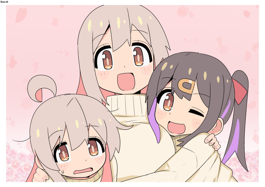 3girls :d ;d absurdres ahoge artist_name bambi2000line black_hair breasts brown_eyes colored_inner_hair commentary grey_hair hair_between_eyes hair_ornament hair_ribbon hairclip hands_on_another's_shoulders highres large_breasts long_hair looking_at_viewer matching_outfits mother_and_daughter multicolored_hair multiple_girls one_eye_closed onii-chan_wa_oshimai! open_mouth oyama_mahiro oyama_matsuri oyama_mihari pink_background pink_hair purple_hair red_ribbon ribbon siblings simple_background sisters smile sweater turtleneck turtleneck_sweater twintails two-tone_hair yellow_sweater