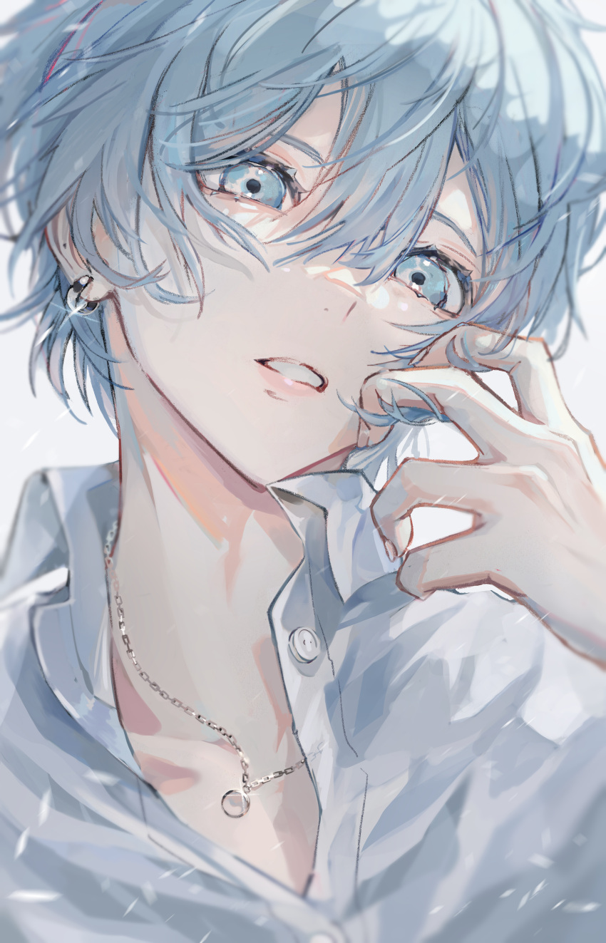 1boy absurdres bishounen blue_eyes blue_hair collared_shirt commentary earrings expressionless hair_between_eyes highres hoop_earrings jewelry light_blue_hair looking_at_viewer male_focus necklace original pale_skin parted_lips piercing pink_lips portrait sai_gumi shirt short_hair solo symbol-only_commentary teeth white_background white_shirt