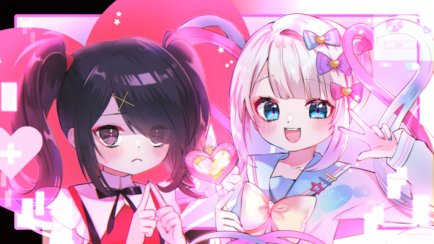 2girls absurdres ame-chan_(needy_girl_overdose) black_hair black_ribbon blonde_hair blue_bow blue_eyes blue_hair blue_nails bow chouzetsusaikawa_tenshi-chan collared_shirt commentary_request dual_persona frown hair_bow hair_ornament hair_over_one_eye hands_up heart highres holding holding_wand long_hair looking_at_viewer multicolored_hair multicolored_nails multiple_girls nail_polish neck_ribbon needy_girl_overdose open_mouth pink_bow pink_hair pink_nails purple_bow quad_tails red_shirt ribbon shirt smile suspenders twintails upper_body w wand window_(computing) x_hair_ornament yazawaribii
