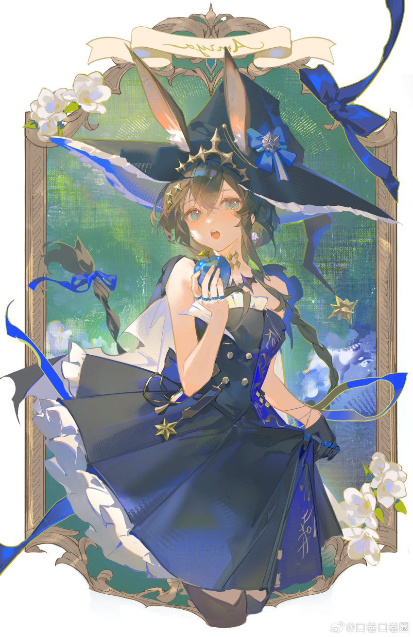 1girl absurdres ambience_synesthesia amiya_(arknights) animal_ears apple arknights black_dress black_hat blue_apple blue_bow blue_dress blue_eyes blue_ribbon bow braid brown_hair cape crossed_bangs dress ears_through_headwear fingernails flower food frilled_dress frills fruit hair_between_eyes hair_ornament hat hat_bow hat_ornament highres holding holding_food holding_fruit jewelry koujuan long_hair looking_at_viewer open_mouth picture_frame rabbit_ears rabbit_girl ribbon ring solo star_(symbol) star_hair_ornament teeth tongue two-sided_cape two-sided_fabric upper_teeth_only white_cape white_flower witch_hat