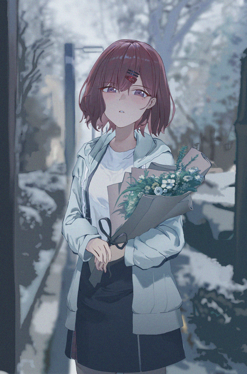 1girl absurdres black_skirt blurry bouquet commentary_request cowboy_shot depth_of_field hair_ornament hairclip highres higuchi_madoka holding holding_bouquet huaano idolmaster idolmaster_shiny_colors jacket long_sleeves looking_at_viewer mole mole_under_eye open_clothes open_jacket outdoors parted_lips redhead shirt short_hair skirt snow solo standing tree violet_eyes white_jacket white_shirt