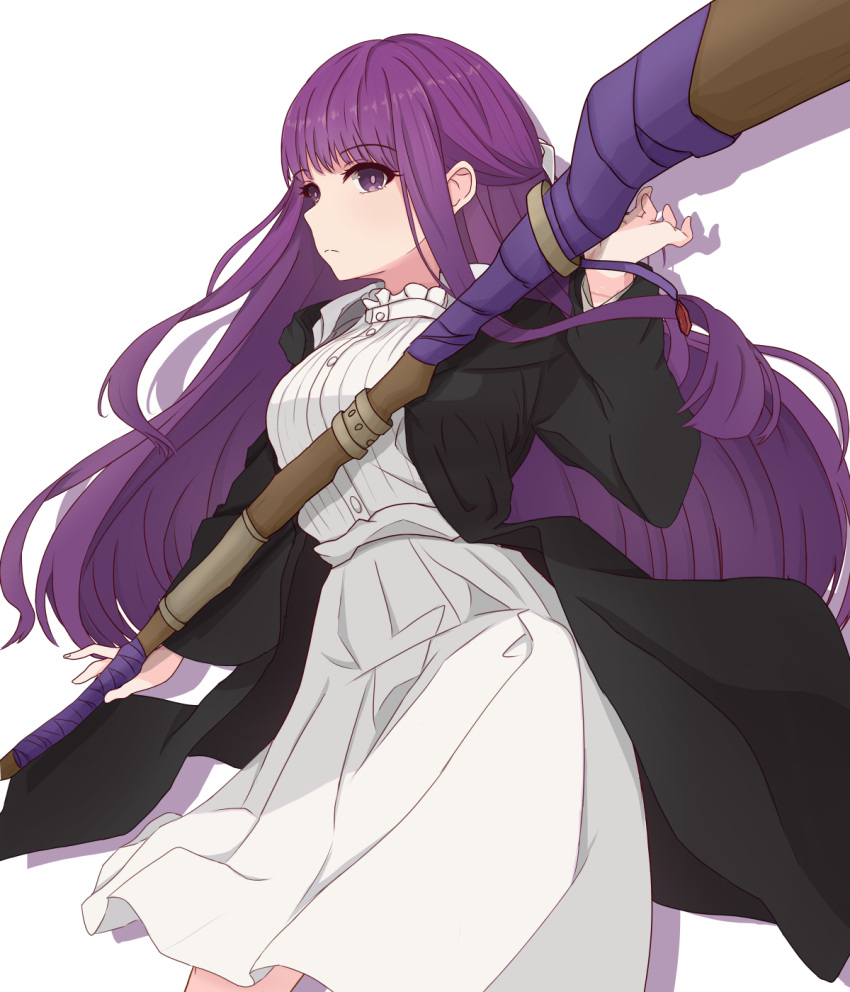 1girl black_coat breasts coat commentary_request dress drop_shadow expressionless fern_(sousou_no_frieren) highres large_breasts long_hair purple_hair simple_background solo sousou_no_frieren staff sumishake very_long_hair violet_eyes white_background white_dress