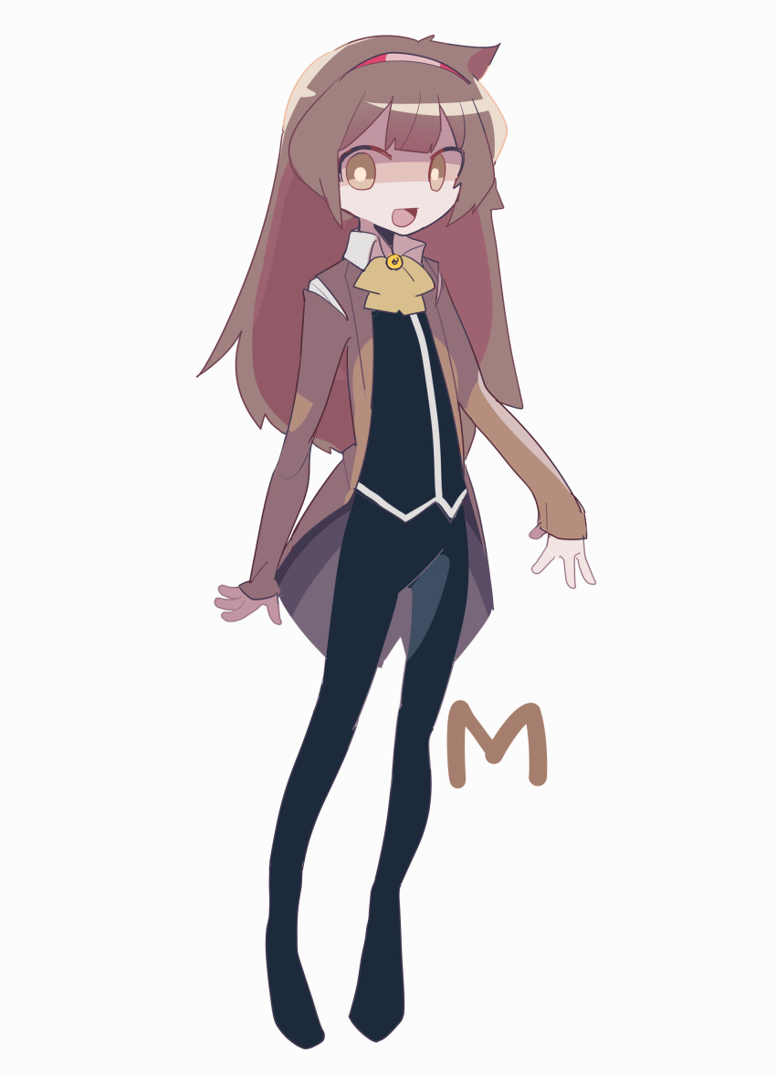 1girl absurdres black_jacket black_pants bow bowtie brown_coat brown_eyes brown_hair coat collared_shirt full_body hairband highres jacket library_of_ruina long_hair looking_at_viewer madotsuki_ren malkuth_(project_moon) open_mouth pants project_moon red_hairband shirt simple_background smile solo white_background white_shirt yellow_bow yellow_bowtie