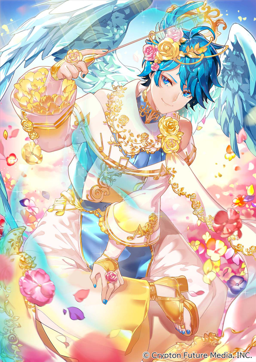 1boy ahoge baggy_pants blue_eyes blue_hair blue_nails blue_wings commentary_request crossed_legs falling_petals feathered_wings flower hair_ornament hatsune_miku_graphy_collection highres kaito_(vocaloid) looking_at_viewer male_focus musical_note official_art pants petals pink_flower purple_flower sandals sawashi_(ur-sawasi) short_hair sitting smile sparkle vocaloid wings yellow_flower yellow_pants