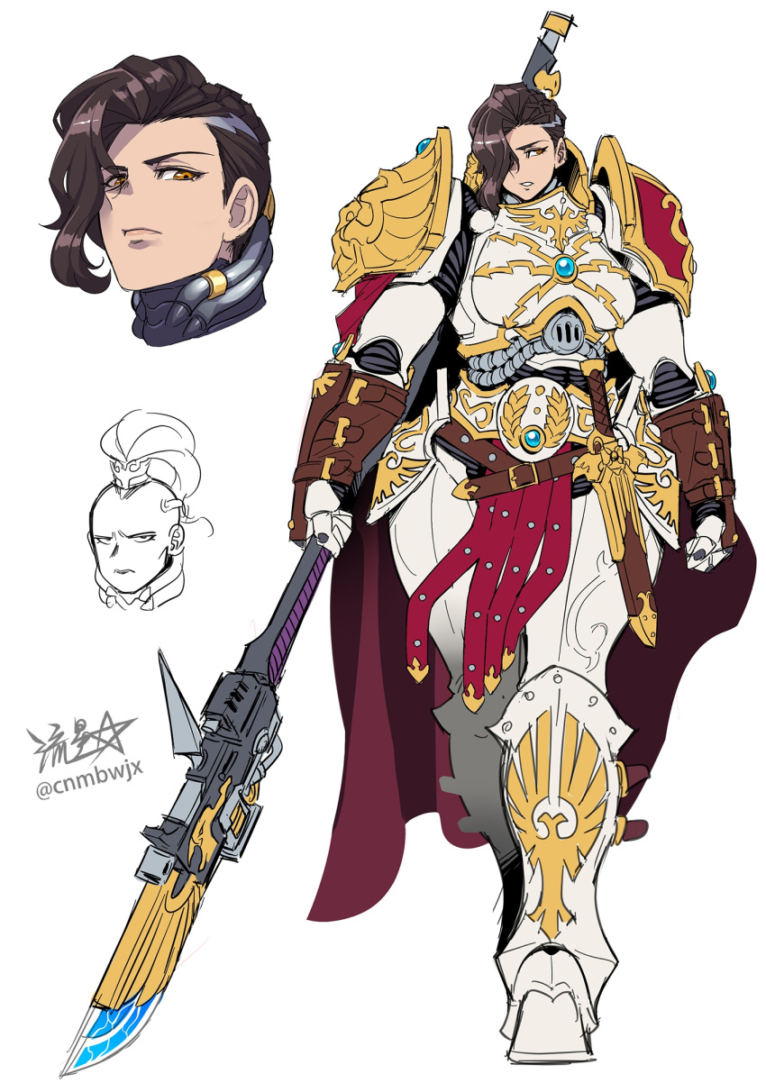 1girl adeptus_custodes alternate_hairstyle armor belt breastplate breasts brown_hair cape chest_jewel clenched_hand closed_mouth full_armor gauntlets gem genderswap genderswap_(mtf) gold_trim greaves guardian_spear gun hair_over_one_eye halberd highres holding holding_gun holding_polearm holding_weapon huge_weapon imperial_aquila imperium_of_man large_breasts looking_to_the_side multiple_belts multiple_views open_mouth pauldrons pelvic_curtain polearm power_armor red_cape ryuusei_(mark_ii) sheath sheathed short_hair shoulder_armor signature solo undercut warhammer_40k weapon white_armor white_background wide_hips yellow_eyes