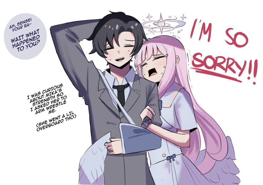 1boy 1girl arm_sling black_necktie blue_archive broken_leg business_casual crying english_text feathered_wings grey_suit halo highres iog626 low_wings mika_(blue_archive) necktie pink_hair scrunchie sensei_(blue_archive) sensei_(blue_archive_the_animation) suit white_background wings wrist_scrunchie
