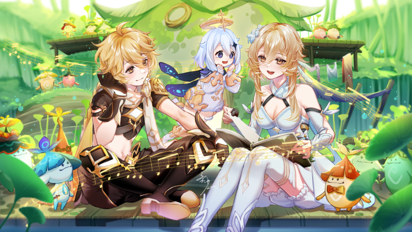 1boy 2girls 6+others absurdres aether_(genshin_impact) ahoge arama_(genshin_impact) aranara_(genshin_impact) arm_armor armor baggy_pants bare_shoulders black_gloves blonde_hair bloomers blue_flower blue_hair blue_scarf blue_skin blush book boots bow braid breasts bridge brother_and_sister brown_eyes brown_footwear brown_gloves brown_pants brown_shirt clenched_hands closed_mouth colored_skin constellation_print creature crystal_hair_ornament dated day detached_sleeves dress earrings feather_hair_ornament feathers feet_out_of_frame flower flying genshin_impact gloves gold_trim grass green_skin hair_between_eyes hair_flower hair_ornament halo hand_up hands_up highres holding holding_book jewelry leaf long_hair long_sleeves looking_at_another lumine_(genshin_impact) mechanical_halo medium_breasts multicolored_bow multiple_girls multiple_others musical_note nature navel open_book open_mouth outdoors paimon_(genshin_impact) pants pink_skin reading red_bow river romper sang_sha scarf scenery shadow shirt short_hair short_sleeves shoulder_armor siblings sidelocks signature single_earring sitting sky smile standing star_(symbol) teeth thigh_boots tongue underwear violet_eyes water white_dress white_footwear white_romper white_scarf white_sky wooden_bridge yellow_bow yellow_skin