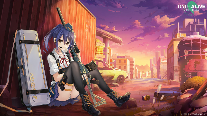 1girl black_footwear black_gloves black_thighhighs blue_hair boots brown_eyes car collared_shirt cross-laced_footwear date_a_live date_a_live:_spirit_pledge dusk fingerless_gloves gloves gun highres holding holding_weapon looking_at_viewer motor_vehicle official_alternate_costume official_art outdoors ponytail red_ribbon ribbon rifle shirt sitting solo takamiya_mana thigh-highs weapon white_shirt