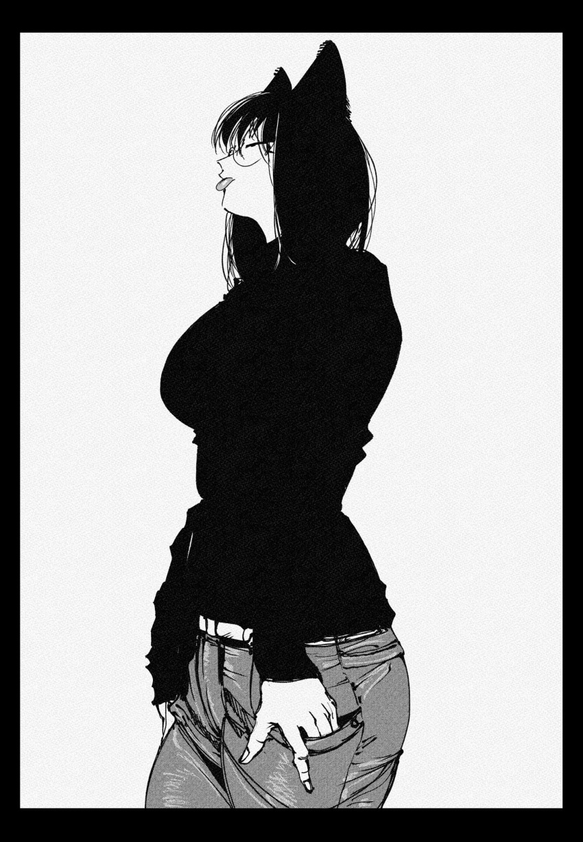 1girl animal_ears breasts cat_ears cat_girl cowboy_shot from_side glasses greyscale hachinuki_tetsuyo hands_in_pockets highres jitome kemonomimi_mode large_breasts long_sleeves looking_ahead monochrome original pants profile short_hair simple_background solo sweater tongue tongue_out turtleneck