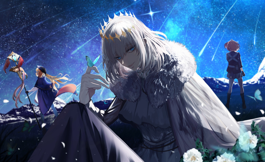 1boy 2girls ahoge antinese artoria_caster_(fate) artoria_caster_(second_ascension)_(fate) artoria_pendragon_(fate) beret black_gloves black_jacket blonde_hair blue_cape blue_capelet blue_eyes bow bug butterfly cape capelet cloak crown diamond_hairband dress fate/grand_order fate_(series) flower fujimaru_ritsuka_(female) fujimaru_ritsuka_(female)_(polar_chaldea_uniform) full_body fur-trimmed_cloak fur_trim gloves green_eyes grey_skirt hat highres holding holding_staff insect_on_finger jacket long_hair long_sleeves looking_at_viewer male_focus marmyadose_(fate) medium_hair multicolored_cape multicolored_clothes multiple_girls night no_wings oberon_(fate) one_side_up orange_hair outdoors pantyhose shirt shooting_star short_hair side_ponytail sitting skirt sky smile staff standing star_(sky) starry_sky twintails white_cloak white_shirt