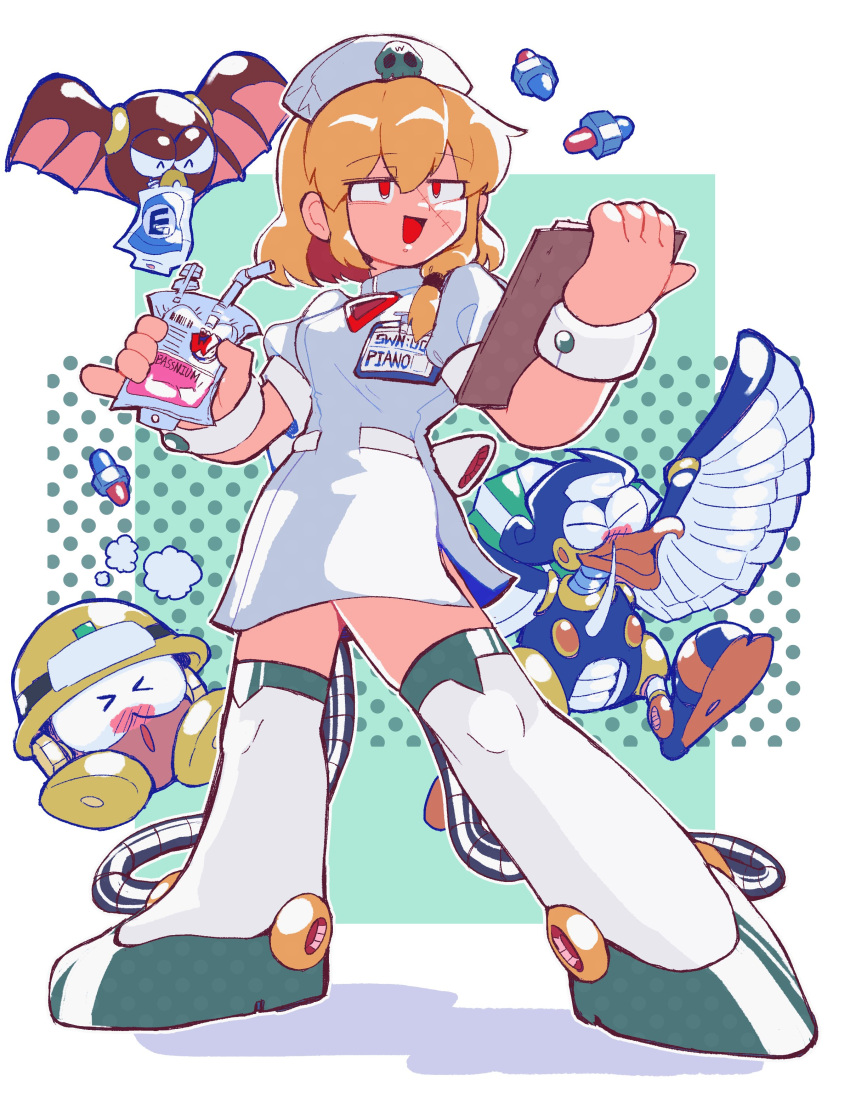 1girl absurdres android blonde_hair breasts bubble_bat cable dress drink green_background hat highres holding medium_breasts mega_man_(classic) mega_man_(series) met_(mega_man) nurse nurse_cap red_eyes robot_girl roll_(mega_man) short_hair srnhuyuno stitched_face stitches thigh-highs white_dress white_thighhighs